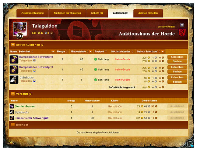Interface vom Auktionshaus aus World of Warcraft