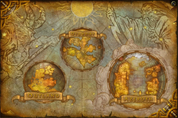 World of Warcraft Weltkarte mit Azeroth, Scherbenwelt und Draenor