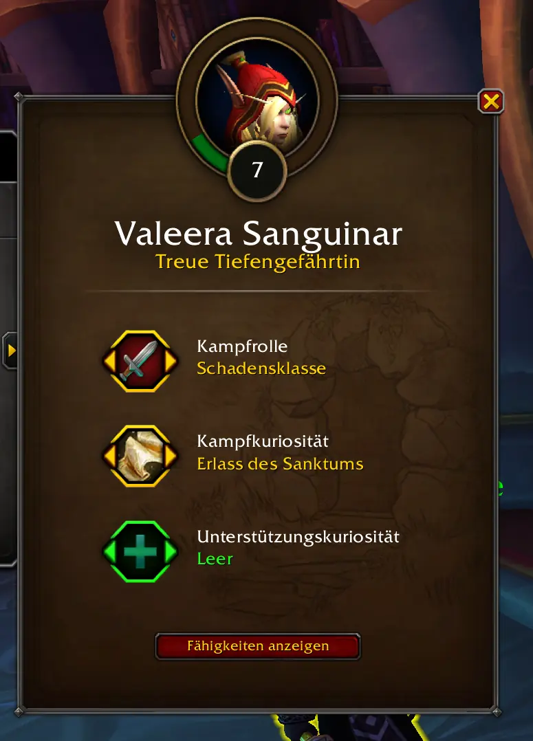 Kampf- und Unterstützungskuriositäten von Valeera Sanguinar