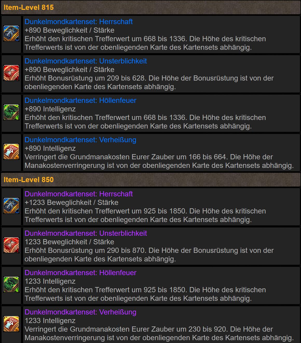 Dunkelmondkarten / Schmuckstücke in Legion