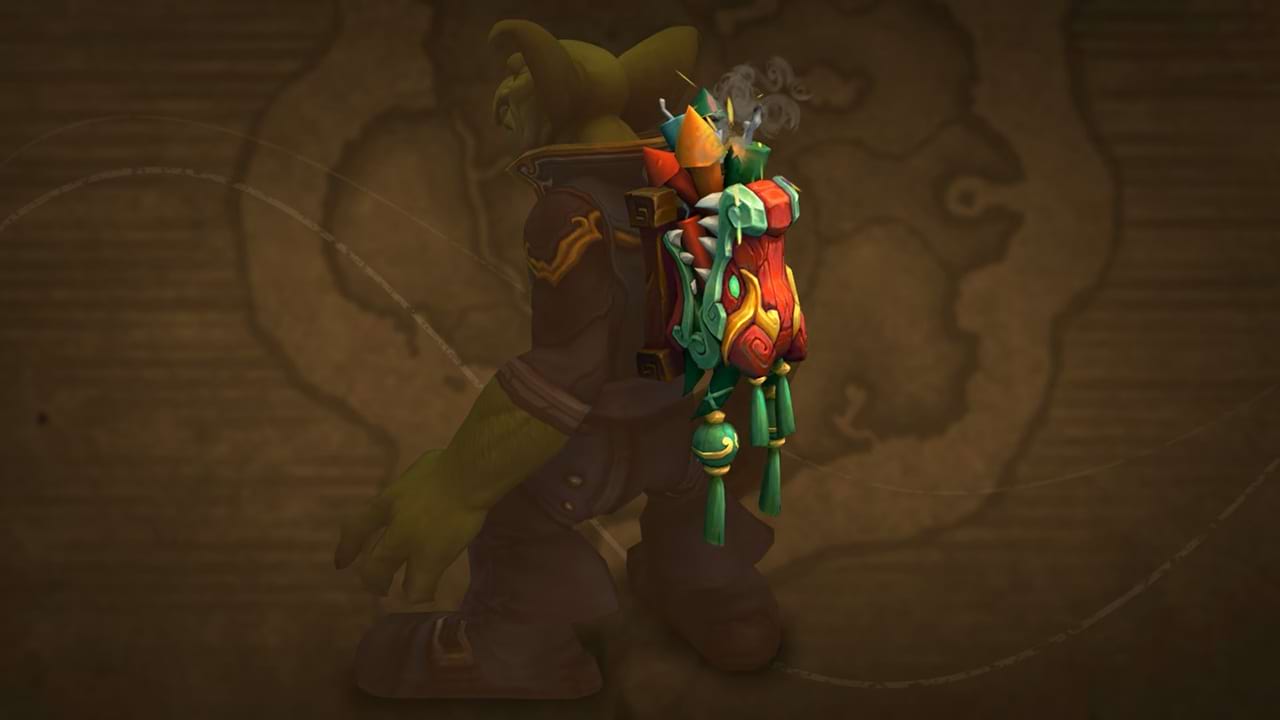 World of Warcraft: Handelsposten 2025 neues Transmog: Kaminroter Rucksack mit Mondknallern