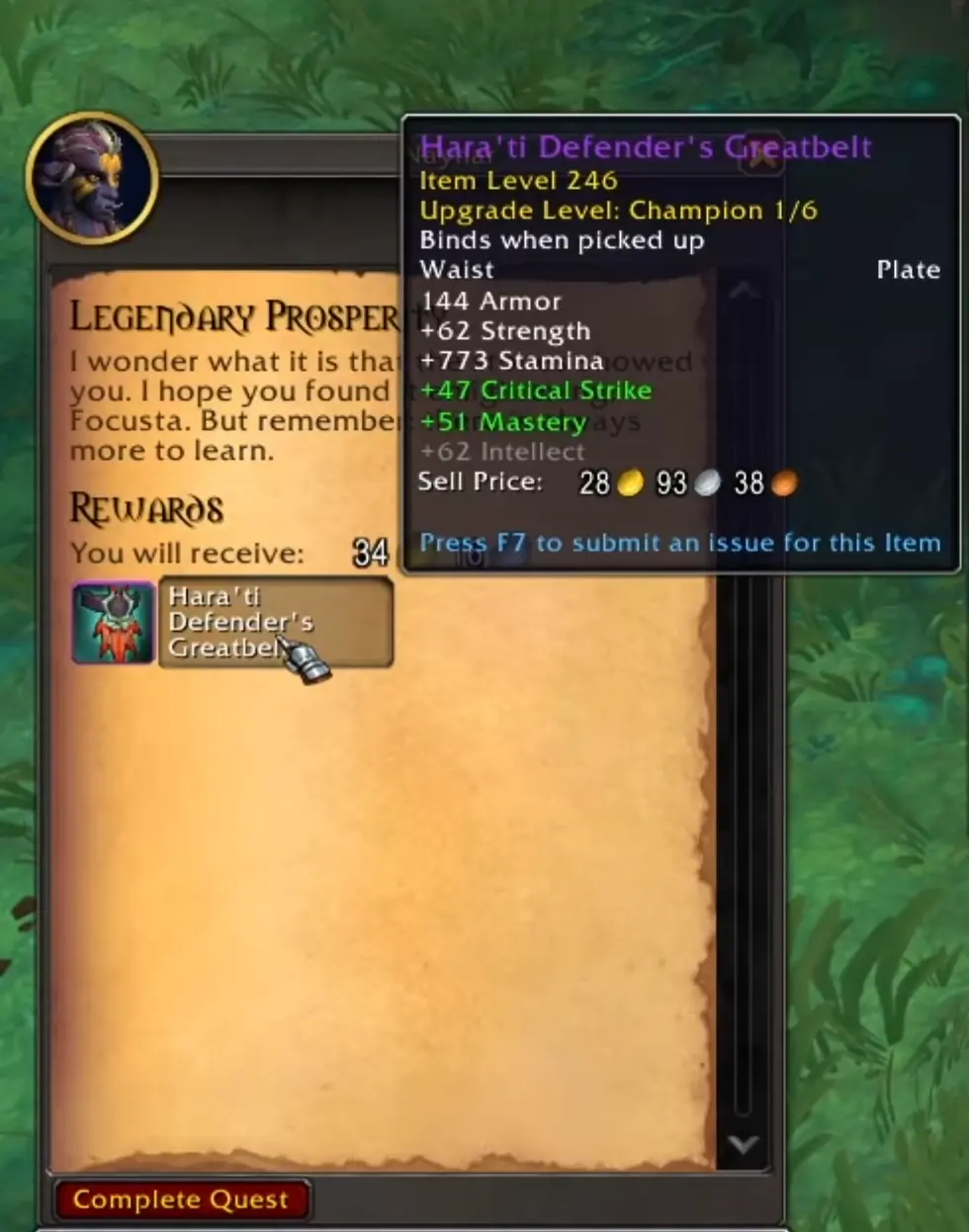 Legendärer Reichtum Belohnung: Ausrüstungsgegenstand mit Itemlevel 246